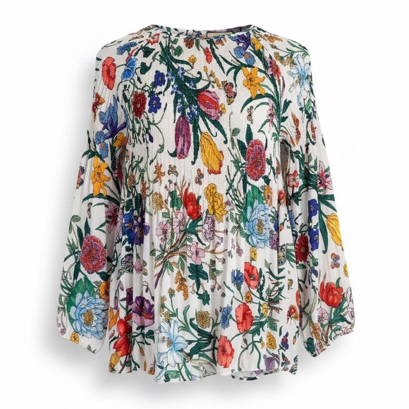 CHARLIE B Tops - Charlie B Flowy Spring Floral Blouse Ruched Keyhole Front Semi Sheer Size L
